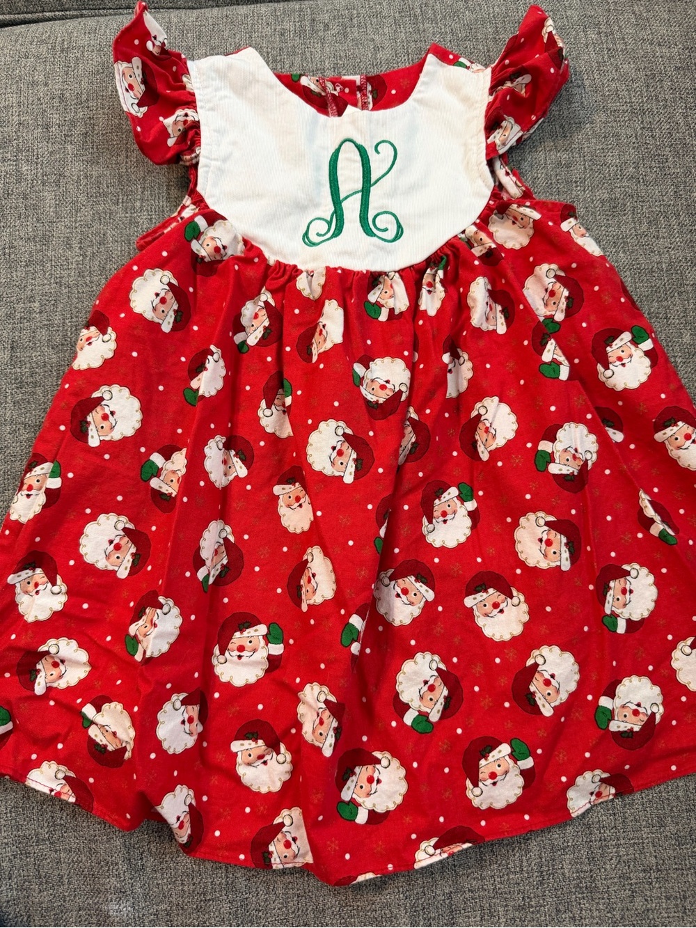 RicRac & Ruffles Girls' Red Santa Print Dress white bib with green “A” 3T VGUC